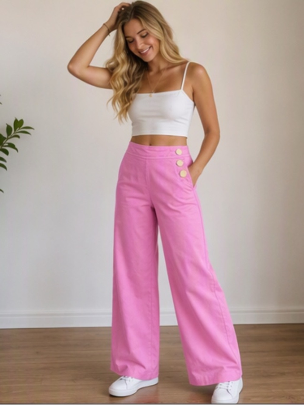 🎀🌷 Banana Republic Pink Wide-Leg Low Rise Pants with Side Button Accents 🌷🎀